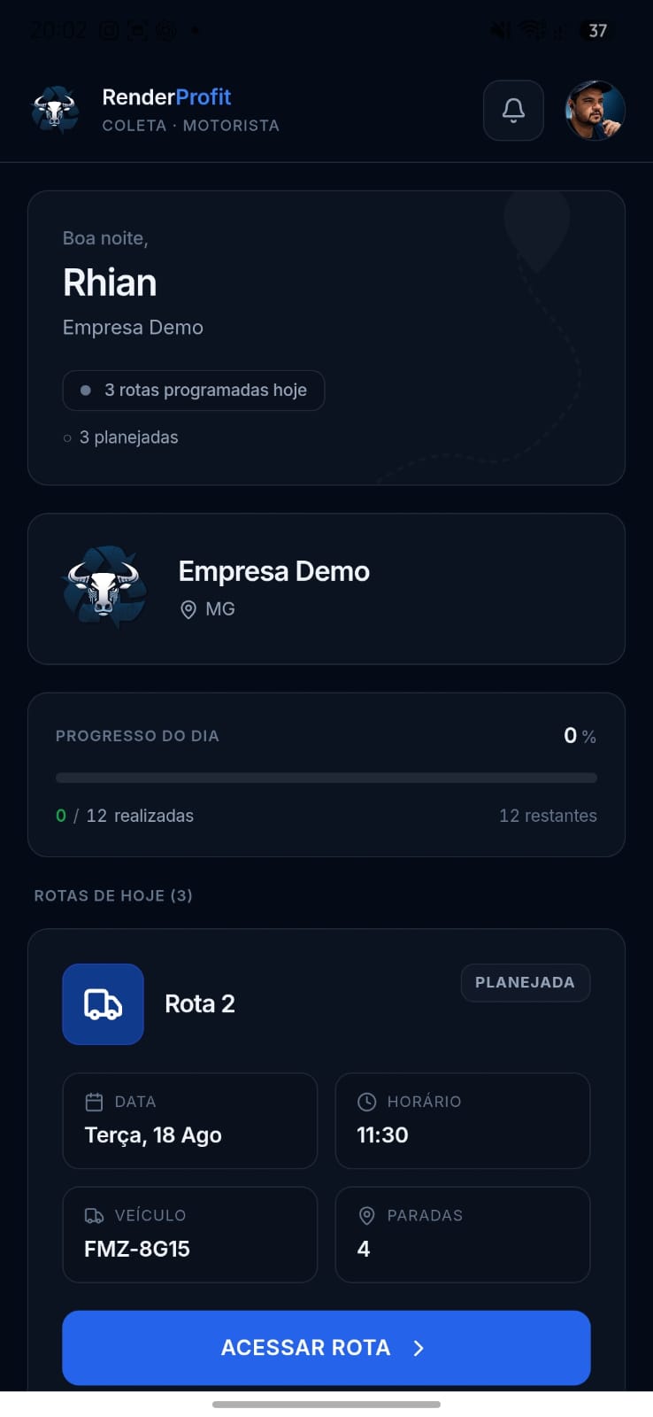 ColetaFlow: roteiro e paradas no celular